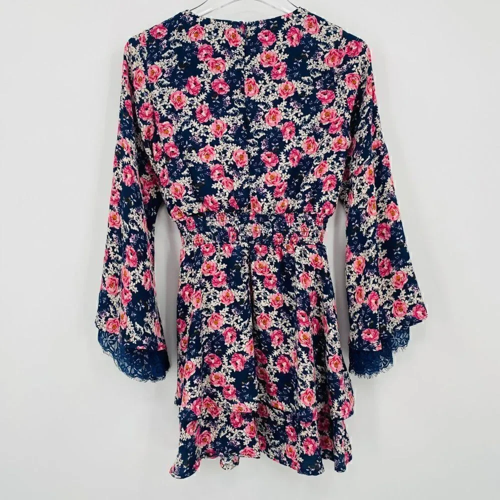 Altar'd State Size XS Navy Blue & Pink Floral Claudine Bell Sleeve Boho Dress - Picture 10 of 10